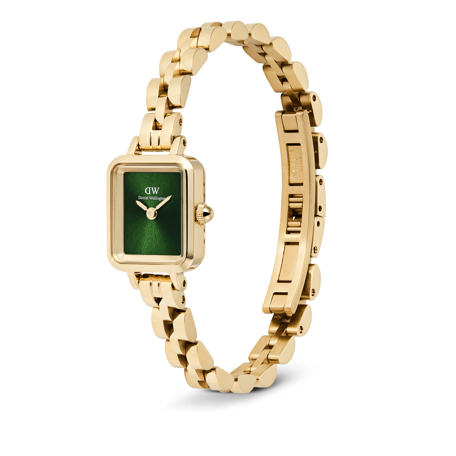 Quadro Mini Arch 3-link Emerald Sunray Gold watch featuring a rectangular gold-tone case, emerald green sunray dial, and an open arched 3-link bracelet with a butterfly clasp, shown from a side angle.