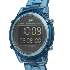 Close-up of the Retro Digital Light Blue watch showing its transparent blue case, round black digital dial, and link strap with clear digital chronograph display.