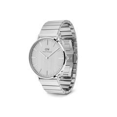 Classic Piano Link Silver Unitone watch with a brushed silver minimalist dial, geometric stainless steel piano link strap, and a polished round case.