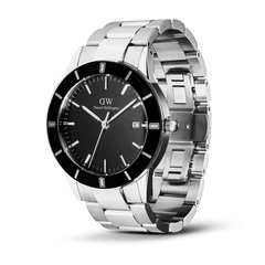 Daniel Wellington Iconic Paradigma Link Black Enamel watch with a round black dial, bold index bezel, date display, and a polished stainless steel bracelet featuring brushed and satin matte finishes.