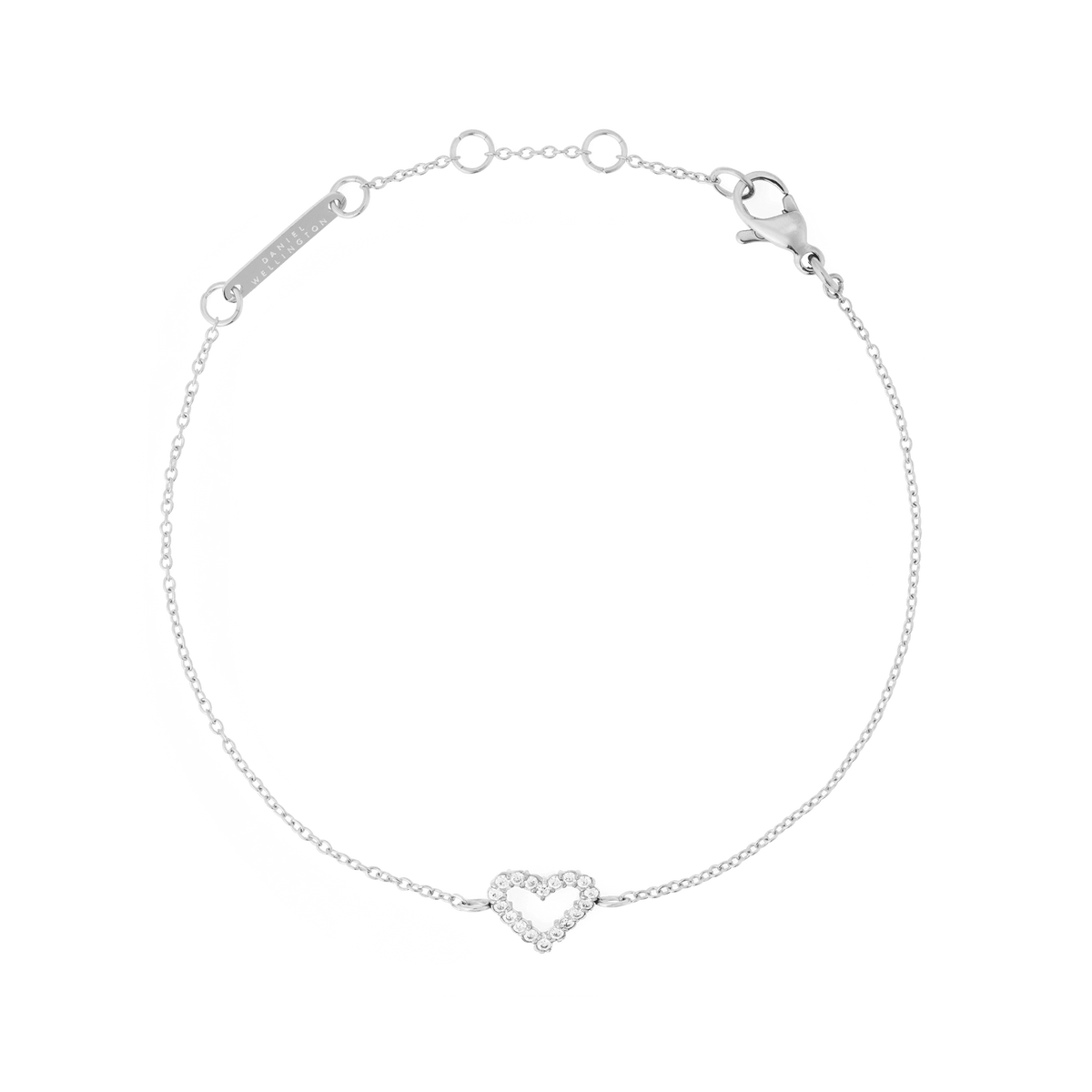 Delicate silver bracelet featuring an open heart motif set with white cubic zirconia crystals, crafted from 316L stainless steel with an adjustable chain and secure clasp.