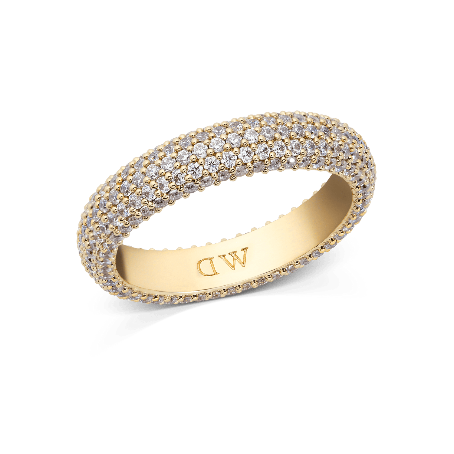 Gold pavé ring with a 5 mm wide band, set with rows of sparkling white cubic zirconia crystals and featuring a smooth interior engraved with the Daniel Wellington initials.