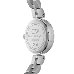 Back view of Elan Lumine Unitone Silver women’s watch showing engraved Daniel Wellington logo and stainless steel bracelet.