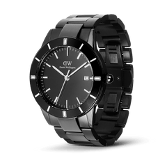Daniel Wellington Iconic Paradigma Link Black watch with a minimalist black dial, date display, and a robust 3-link stainless steel bracelet featuring a satin matte aluminium bezel inlay.