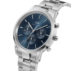 Iconic Chronograph Arctic S watch with a polished silver stainless steel bracelet and a deep blue sunray dial, featuring three sub-dials and minimalist hour markers for a refined, modern look.