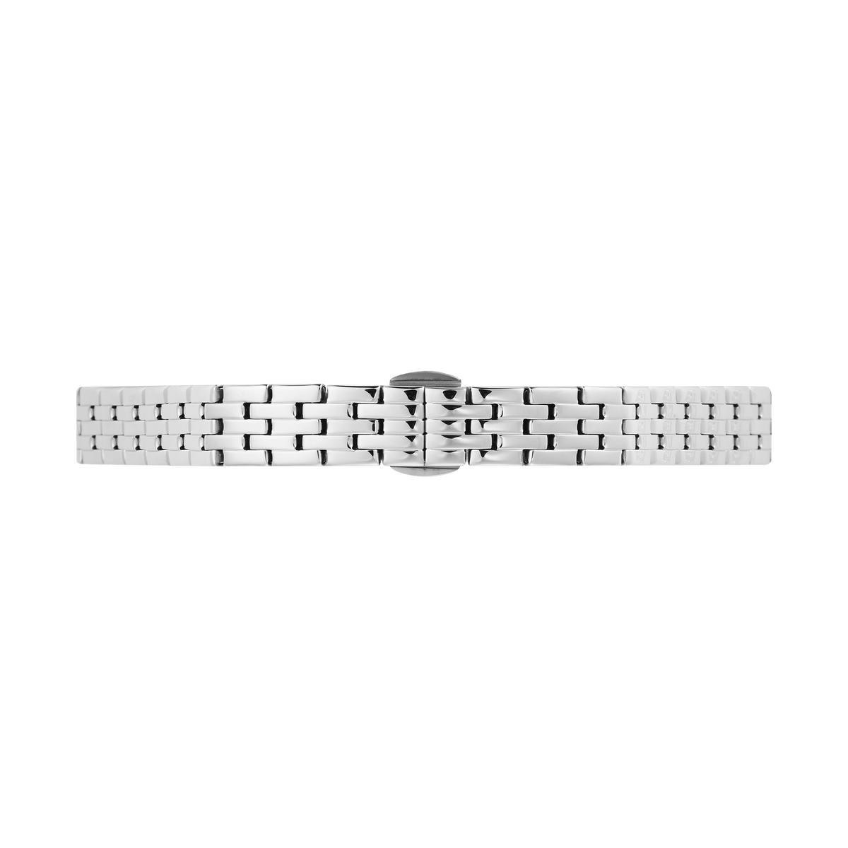 Polished 5-link silver stainless steel watch strap with a butterfly clasp, designed for petite Daniel Wellington timepieces and featuring a refined, textured finish.