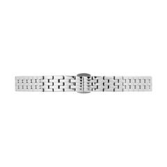 Polished 5-link silver stainless steel watch strap with a butterfly clasp, designed for petite Daniel Wellington timepieces and featuring a refined, textured finish.