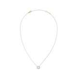 Rose gold necklace featuring a delicate chain and a domed mother of pearl pendant, encircled by a fine halo of white cubic zirconia crystals. The adjustable chain and secure lobster clasp offer a refined, elegant look suitable for everyday wear or special occasions.
