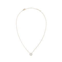 Rose gold necklace featuring a delicate chain and a domed mother of pearl pendant, encircled by a fine halo of white cubic zirconia crystals. The adjustable chain and secure lobster clasp offer a refined, elegant look suitable for everyday wear or special occasions.