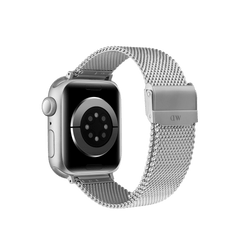 Smartwatch featuring a silver sandblasted mesh strap with an engraved clasp, highlighting the breathable stainless steel design and secure fastening.