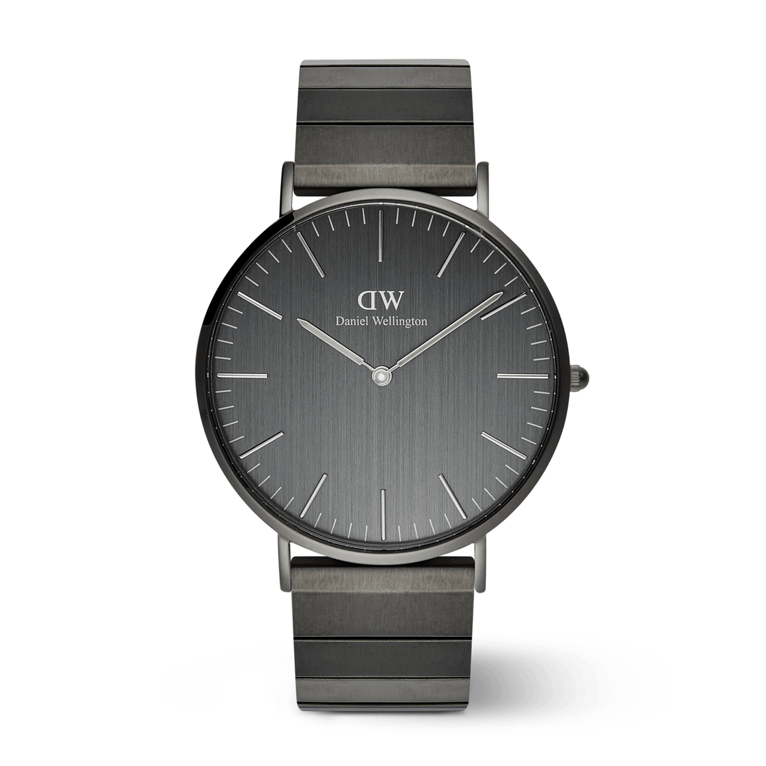 Classic Piano Link Graphite Unitone men’s watch featuring a brushed graphite dial, minimalist hour markers, and a matching geometric piano link stainless steel strap.