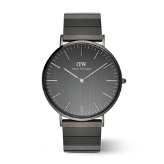 Classic Piano Link Graphite Unitone men’s watch featuring a brushed graphite dial, minimalist hour markers, and a matching geometric piano link stainless steel strap.