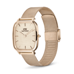 Daniel Wellington Marlon Melrose Linen watch with a polished rose gold cushion-shaped case, linen-textured dial, minimalist hour markers, and an adjustable rose gold mesh strap.