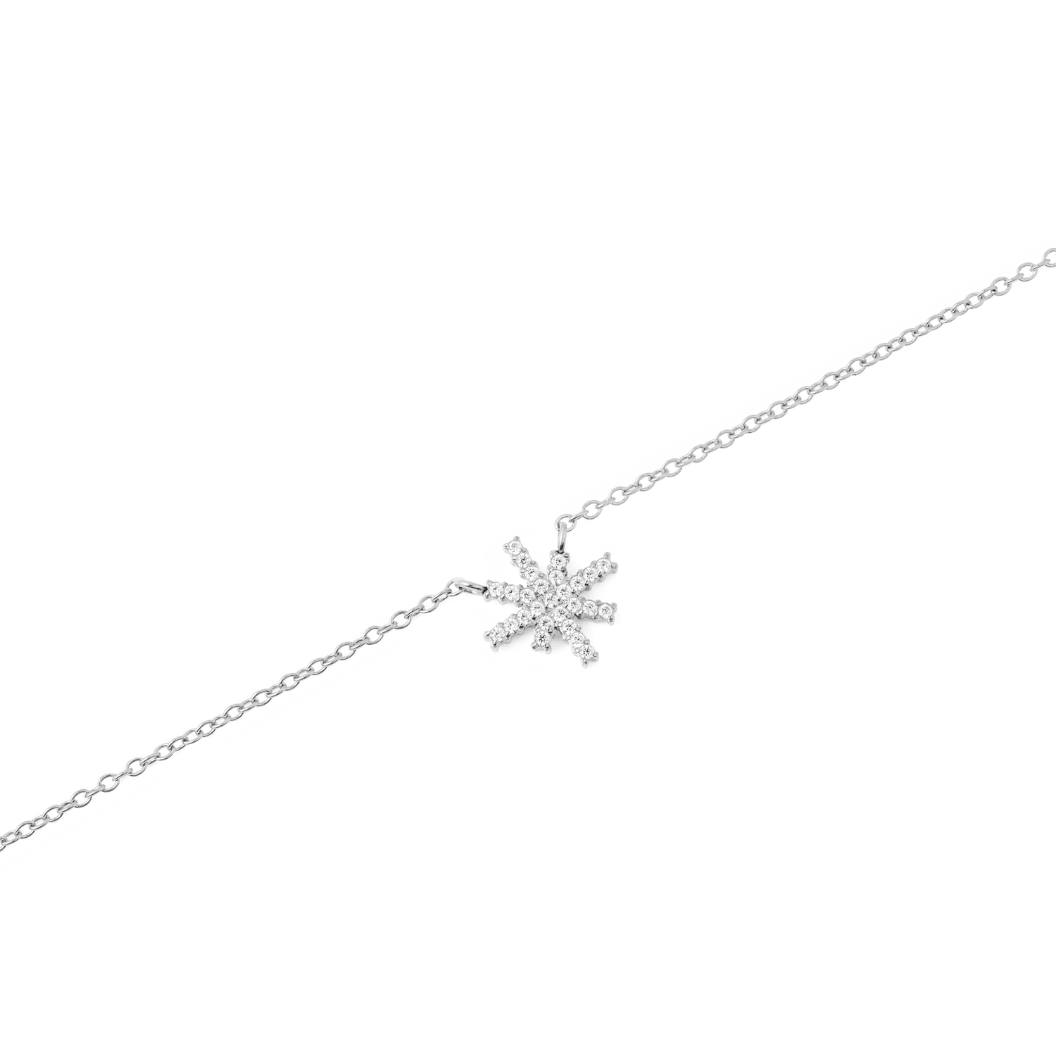 Close-up of the Mirelle Star Necklace Silver, showing a polished silver chain with a star-shaped pendant set with sparkling white cubic zirconia crystals.