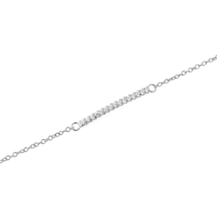 Close-up of the Mirelle Eternity Bracelet Silver, highlighting its slender silver chain and curved bar set with sparkling white cubic zirconia crystals for a refined, elegant finish.