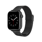 Black sandblasted mesh stainless steel strap on an Apple Watch, featuring a fine woven design and adjustable clasp for a sleek, modern look.
