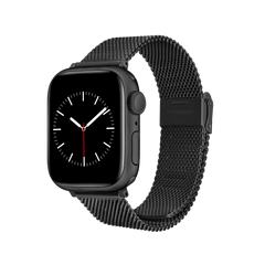 Black sandblasted mesh stainless steel strap on an Apple Watch, featuring a fine woven design and adjustable clasp for a sleek, modern look.