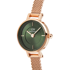 Petite Mini Emerald Melrose watch featuring a round emerald green sunray dial, minimalist gold hour markers, and a rose gold mesh strap with a refined, elegant finish.