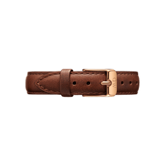 Premium St Mawes Strap in light brown leather with fine stitching and a rose gold buckle, designed for classic and slim watches.