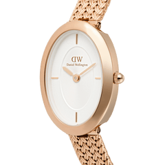 Close-up of the Juliette Braided Mesh White Sunray Rose Gold watch, highlighting its oval rose gold case, textured white sunray dial, and intricately woven mesh strap.