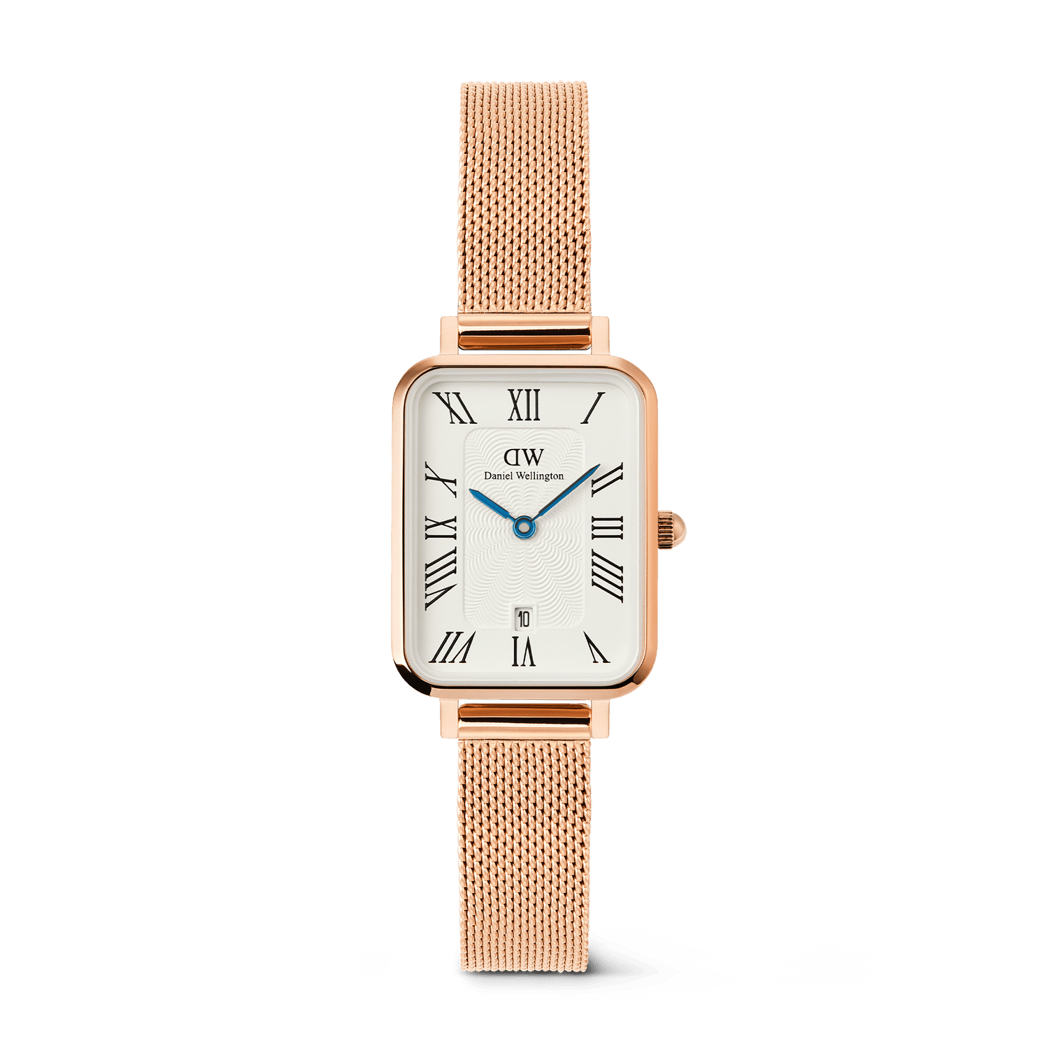 Rectangular women’s watch with a rose gold mesh strap, white dial featuring bold Roman numerals, guilloché inner pattern, and a date window at 6 o’clock. The elegant Quadro Melrose design combines classic styling with a modern rose gold finish.