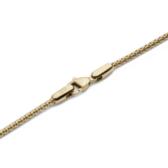 Detail of the Tide Mesh Necklace Gold 1.8 showing the polished gold lobster clasp and fine mesh chain, highlighting its secure fastening and elegant craftsmanship.