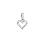Sterling silver heart-shaped charm with an open contour design, adorned with sparkling white cubic zirconia crystals in a delicate claw setting.