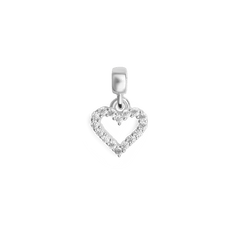 Sterling silver heart-shaped charm with an open contour design, adorned with sparkling white cubic zirconia crystals in a delicate claw setting.