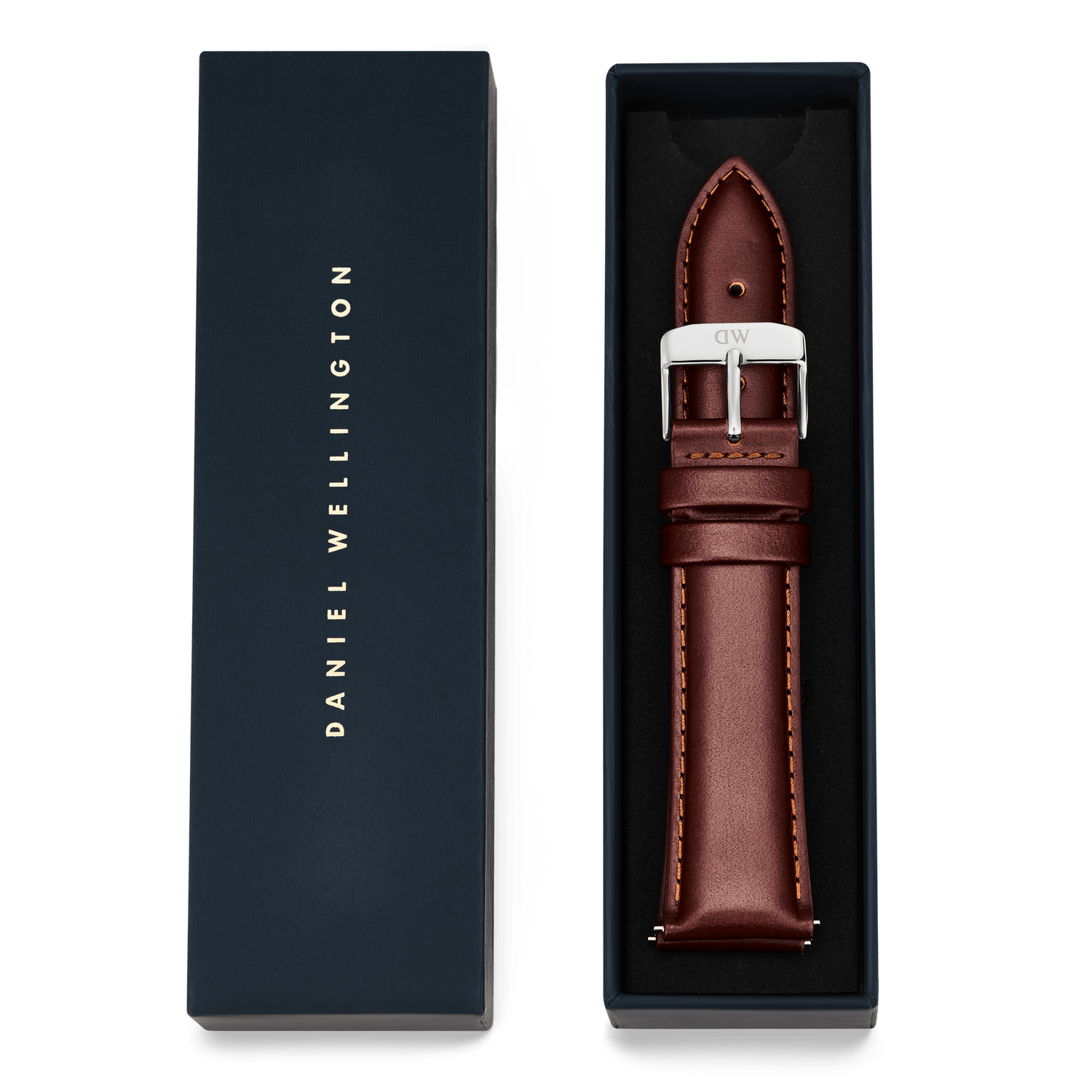 Tapered St Mawes Strap Silver presented in a navy Daniel Wellington gift box, featuring rich brown genuine leather, a polished silver buckle, and refined stitching for a classic, elegant look.