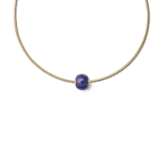 Gold snake chain necklace featuring the Blue Spot Orb Gold Charm, showcasing a rounded semi-precious blue stone with natural veining set in a gold-tone frame.