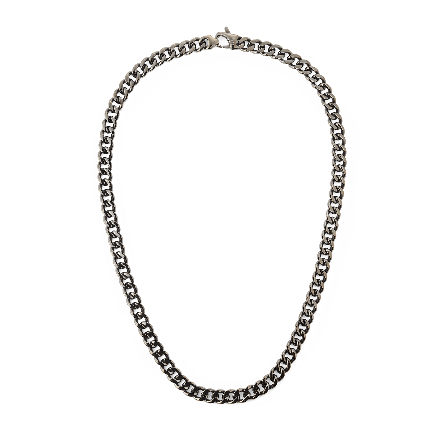Chunky Cuban chain necklace in graphite-finished stainless steel, featuring flat, polished links and a matching lobster clasp for a modern, elegant look.