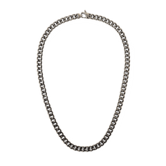 Chunky Cuban chain necklace in graphite-finished stainless steel, featuring flat, polished links and a matching lobster clasp for a modern, elegant look.