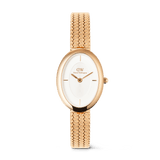 Rose gold women’s watch with an oval case, white sunray dial, and a distinctive braided mesh strap, featuring minimalist indices and a refined, vintage-inspired design.