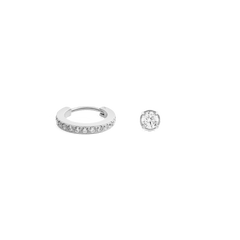 Silver earring set featuring a crystal-adorned hoop and a matching crystal stud, both crafted in a minimalist style for versatile, elegant wear.