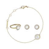 Gold jewellery set featuring a delicate bracelet, matching ring, and stud earrings, each adorned with a round mother of pearl centrepiece surrounded by a halo of white crystals. The set showcases a refined, timeless design with a warm gold finish and adjustable bracelet clasp.