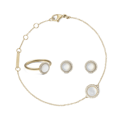 Gold jewellery set featuring a delicate bracelet, matching ring, and stud earrings, each adorned with a round mother of pearl centrepiece surrounded by a halo of white crystals. The set showcases a refined, timeless design with a warm gold finish and adjustable bracelet clasp.