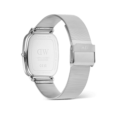 Rear view of the Daniel Wellington Marlon Wire Linen Silver watch, showing the engraved stainless steel case back, adjustable silver mesh strap, and secure clasp fastening.