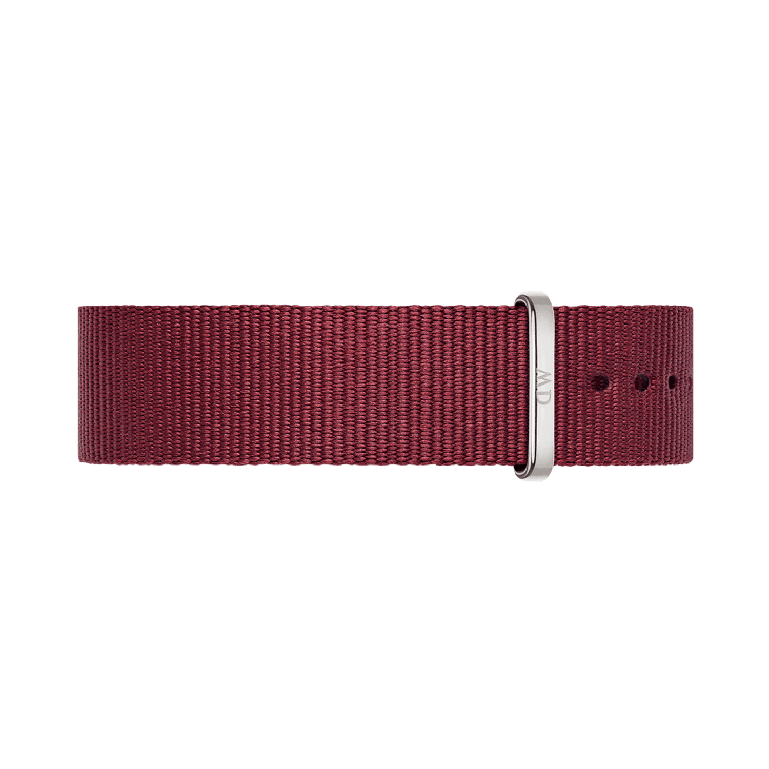 Deep ruby red Roselyn Silver NATO watch strap with polished silver buckle, durable polyester, fits Daniel Wellington watches.