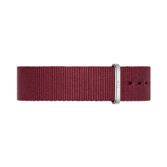 Deep ruby red Roselyn Silver NATO watch strap with polished silver buckle, durable polyester, fits Daniel Wellington watches.