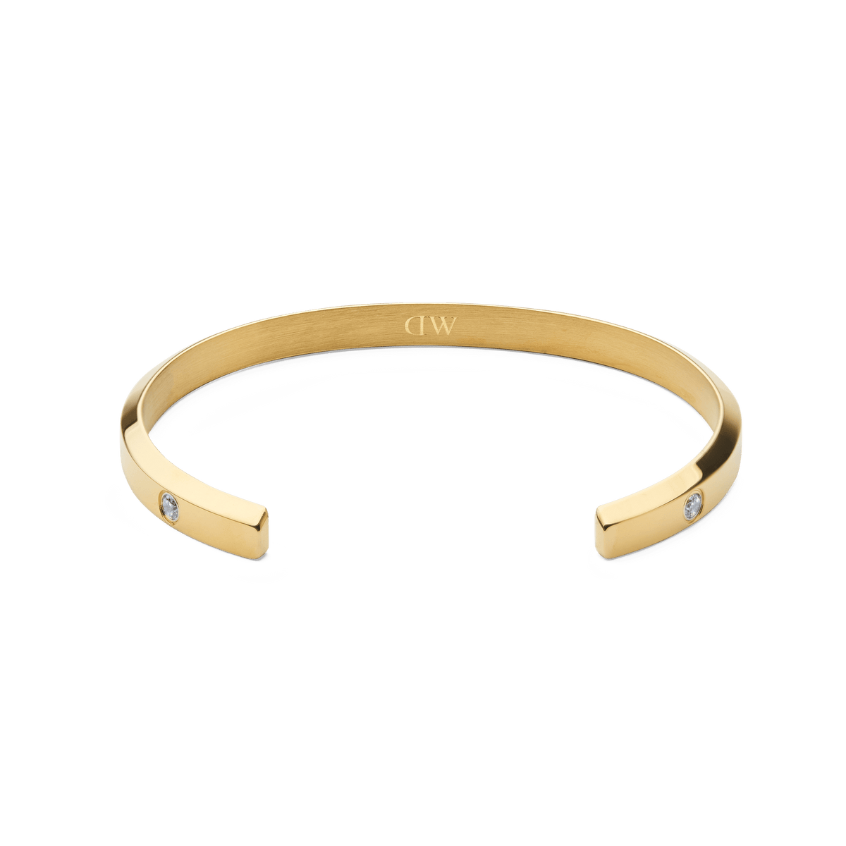 Classic Lumine Bracelet Gold 55mm featuring a slim, open cuff design in polished gold-tone stainless steel, accented with sparkling cubic zirconia crystals and subtle inner engraving.