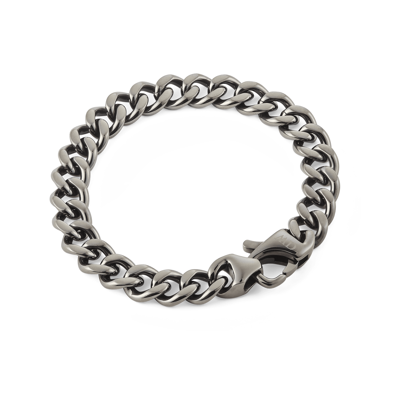 Ellipse Cuban Chain Bracelet Graphite featuring chunky, polished stainless steel links and a sleek graphite PVD finish, displayed in a circular arrangement with a matching lobster clasp.