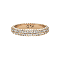Pavé Crystal Ring Gold featuring three rows of sparkling cubic zirconia on a gold-plated band with DW engraving.