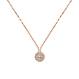 Rose gold necklace featuring a pavé sphere pendant set with sparkling cubic zirconia crystals on a delicate twisted chain.