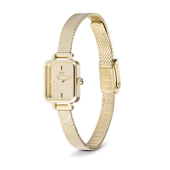 Quadro Mini Reflection Gold women’s watch with rectangular mirror dial and gold-tone polished mesh strap, side view.