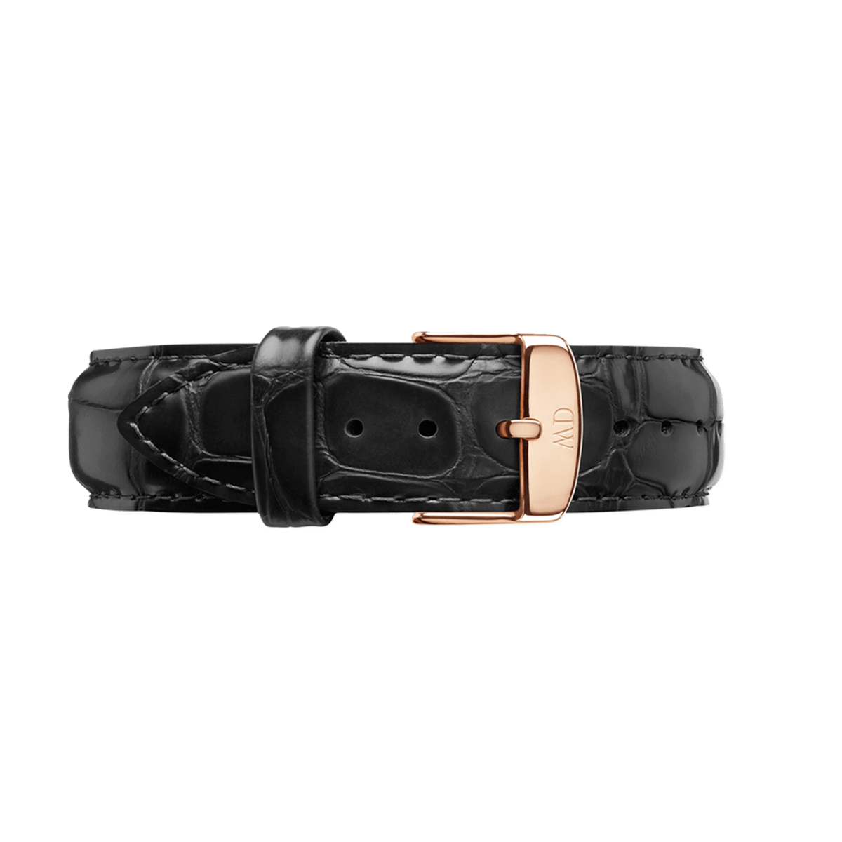 Black croc-embossed leather watch strap with a polished rose gold buckle, featuring engraved branding and a sleek, classic design.