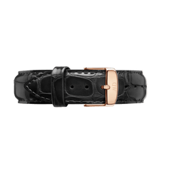 Black croc-embossed leather watch strap with a polished rose gold buckle, featuring engraved branding and a sleek, classic design.