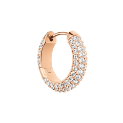 Rose gold pavé hoop earring featuring three rows of closely set cubic zirconia crystals in a claw setting for a brilliant, sparkling finish.