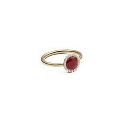 Audrey Ring Red Agathe Gold with domed red agate centre, gold band and halo of white cubic zirconia crystals.