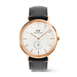 Classic Multi-Eye Sheffield watch featuring an off-white sunray dial with a subtle triangular pattern, rose gold case, blue sub-second hand, and a black leather strap.