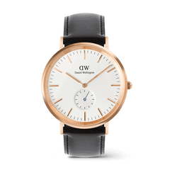 Classic Multi-Eye Sheffield watch featuring an off-white sunray dial with a subtle triangular pattern, rose gold case, blue sub-second hand, and a black leather strap.